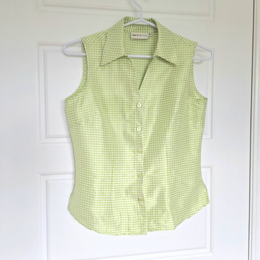Laura Petite 100% Silk Collar Sleeveless Top Summer Lime Green